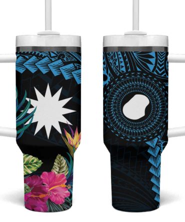 Blue Nauru Naoero Map With Polynesian Tropical Flowers Custom Stanley Quencher 40Oz Stainless Steel Tumbler With Handle