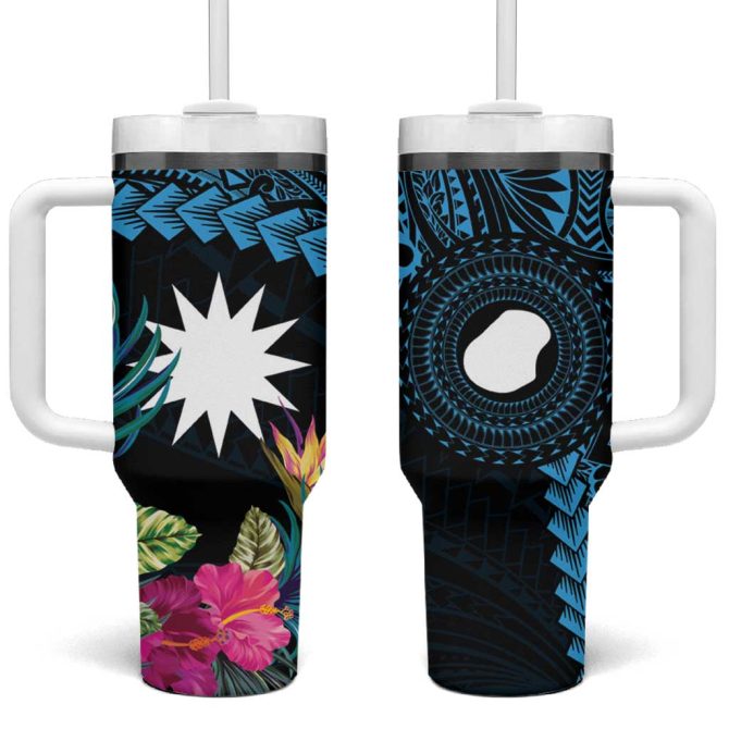 Blue Nauru Naoero Map With Polynesian Tropical Flowers Custom Stanley Quencher 40Oz Stainless Steel Tumbler With Handle
