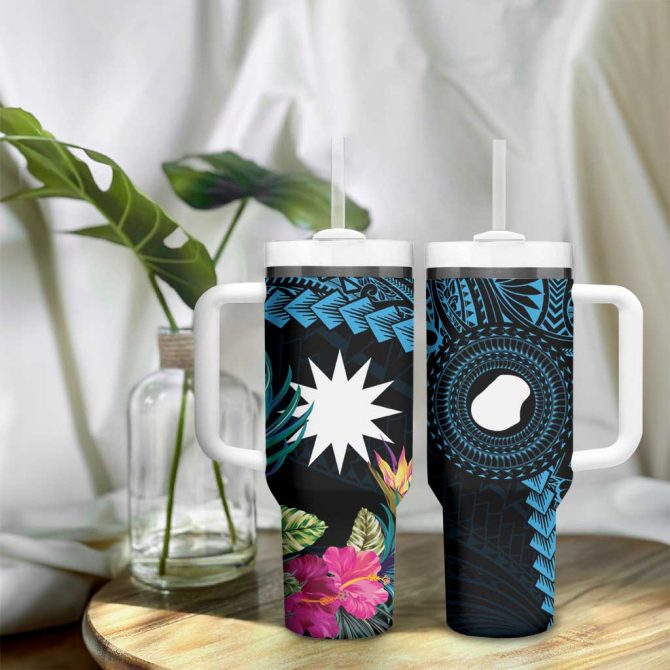 Blue Nauru Naoero Map With Polynesian Tropical Flowers Custom Stanley Quencher 40Oz Stainless Steel Tumbler With Handle - Image 9
