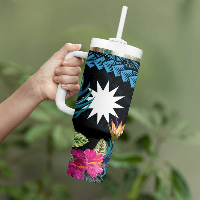 Blue Nauru Naoero Map With Polynesian Tropical Flowers Custom Stanley Quencher 40Oz Stainless Steel Tumbler With Handle - Image 3