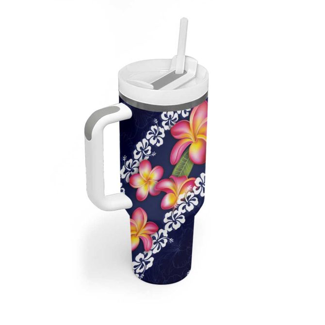 Blue Polynesia Plumeria With Hibiscus Tropical Custom Stanley Quencher 40Oz Stainless Steel Tumbler With Handle - Image 2