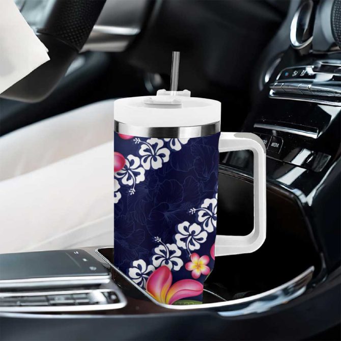 Blue Polynesia Plumeria With Hibiscus Tropical Custom Stanley Quencher 40Oz Stainless Steel Tumbler With Handle - Image 8