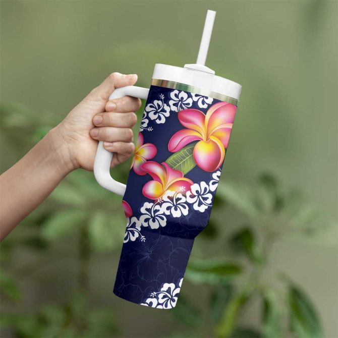 Blue Polynesia Plumeria With Hibiscus Tropical Custom Stanley Quencher 40Oz Stainless Steel Tumbler With Handle - Image 3
