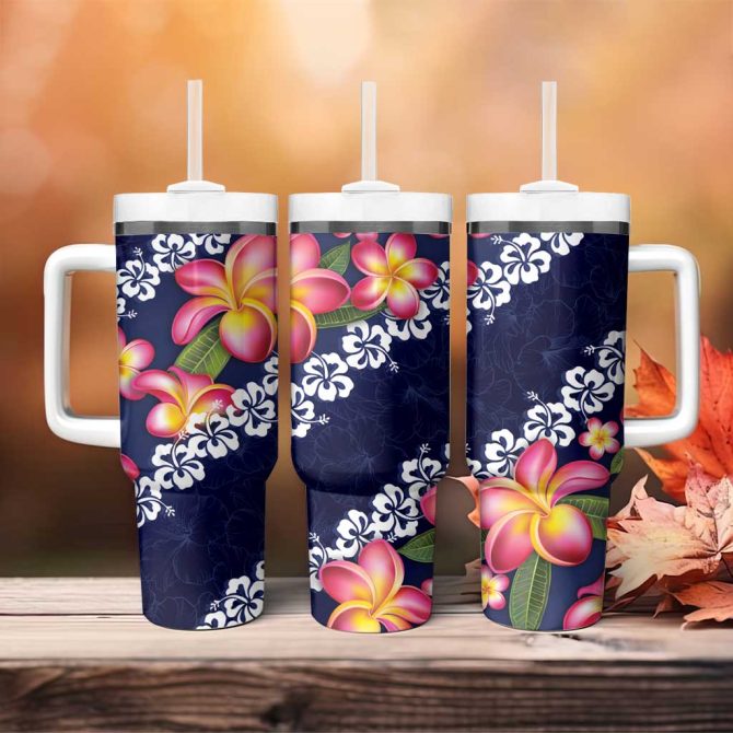 Blue Polynesia Plumeria With Hibiscus Tropical Custom Stanley Quencher 40Oz Stainless Steel Tumbler With Handle - Image 4