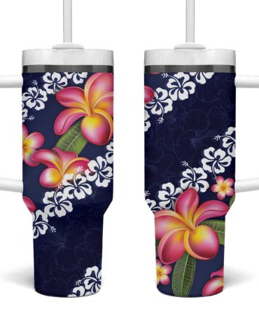 Blue Polynesia Plumeria With Hibiscus Tropical Custom Stanley Quencher 40Oz Stainless Steel Tumbler With Handle