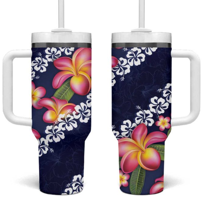 Blue Polynesia Plumeria With Hibiscus Tropical Custom Stanley Quencher 40Oz Stainless Steel Tumbler With Handle