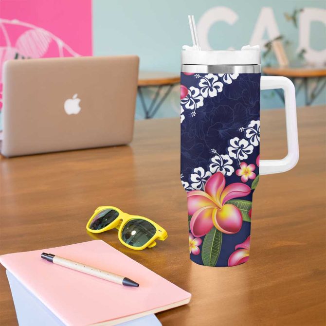 Blue Polynesia Plumeria With Hibiscus Tropical Custom Stanley Quencher 40Oz Stainless Steel Tumbler With Handle - Image 5