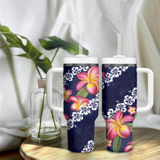 Blue Polynesia Plumeria With Hibiscus Tropical Custom Stanley Quencher 40Oz Stainless Steel Tumbler With Handle - Image 9