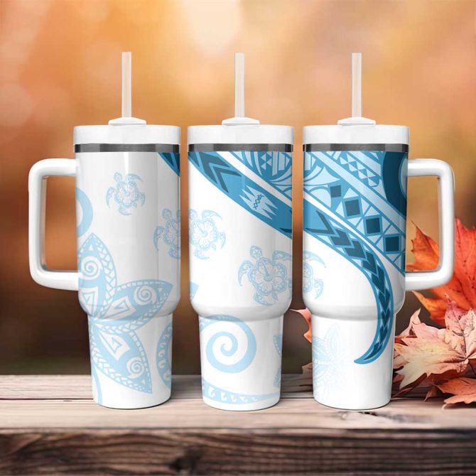 Blue Polynesian Tribal Turtle Floral Custom Stanley Quencher 40Oz Stainless Steel Tumbler With Handle - Image 4