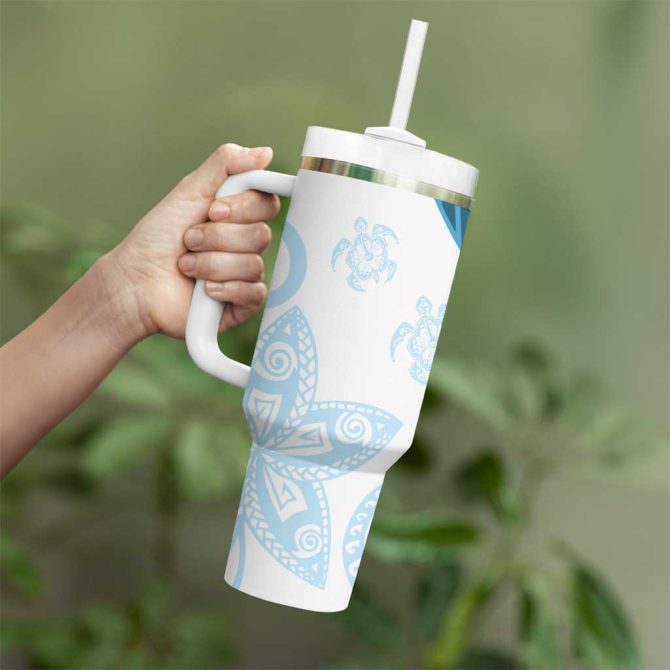 Blue Polynesian Tribal Turtle Floral Custom Stanley Quencher 40Oz Stainless Steel Tumbler With Handle - Image 3