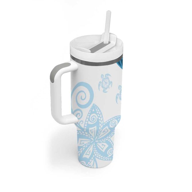 Blue Polynesian Tribal Turtle Floral Custom Stanley Quencher 40Oz Stainless Steel Tumbler With Handle - Image 2
