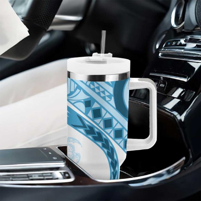 Blue Polynesian Tribal Turtle Floral Custom Stanley Quencher 40Oz Stainless Steel Tumbler With Handle - Image 8