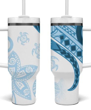 Blue Polynesian Tribal Turtle Floral Custom Stanley Quencher 40Oz Stainless Steel Tumbler With Handle