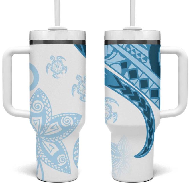 Blue Polynesian Tribal Turtle Floral Custom Stanley Quencher 40Oz Stainless Steel Tumbler With Handle
