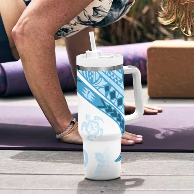 Blue Polynesian Tribal Turtle Floral Custom Stanley Quencher 40Oz Stainless Steel Tumbler With Handle - Image 6