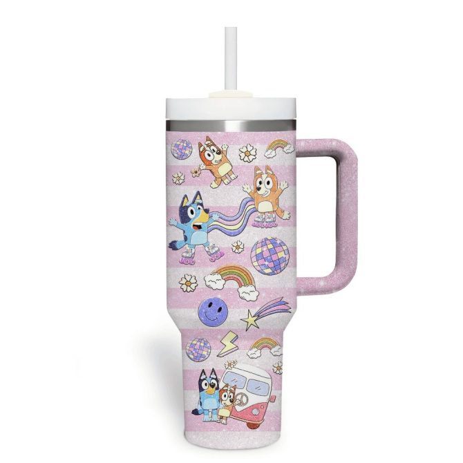 Bluey Cartoon Custom Stanley Quencher 40Oz Stainless Steel Tumbler With Handle - Image 3