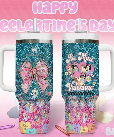 Bluey Cartoon Valentine Custom Stanley Quencher 40Oz Stainless Steel Tumbler With Handle