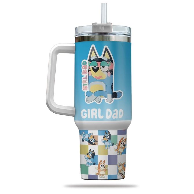 Bluey Girl Dad Cartoon Custom Stanley Quencher 40Oz Stainless Steel Tumbler