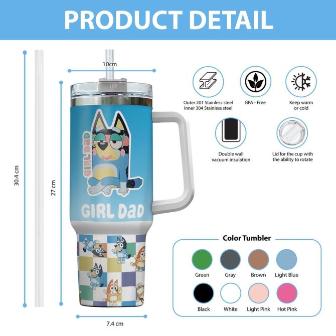 Bluey Girl Dad Cartoon Custom Stanley Quencher 40Oz Stainless Steel Tumbler - Image 6