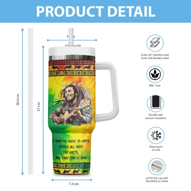 Bob Marley Music Custom Stanley Quencher 40Oz Stainless Steel Tumbler With Handle - Image 3