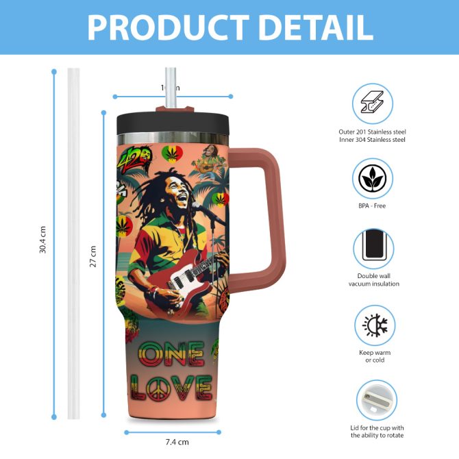 Bob Marley Music Custom Stanley Quencher 40Oz Stainless Steel Tumbler With Handle - Image 3