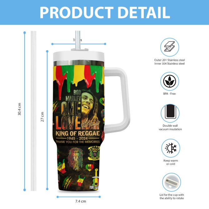 Bob Marley Music Custom Stanley Quencher 40Oz Stainless Steel Tumbler With Handle - Image 3