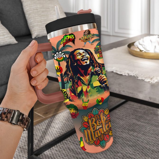 Bob Marley Music Custom Stanley Quencher 40Oz Stainless Steel Tumbler With Handle - Image 2