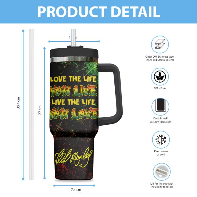 Bob Marley Music Custom Stanley Quencher 40Oz Stainless Steel Tumbler With Handle - Image 3