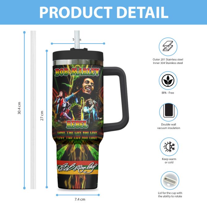 Bob Marley Music Custom Stanley Quencher 40Oz Stainless Steel Tumbler With Handle - Image 3