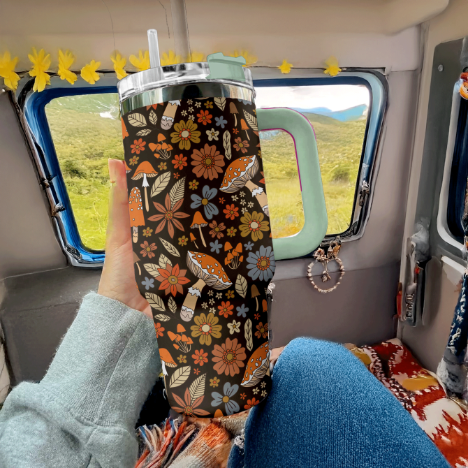 Boho Mushroom Bliss Custom Stanley Quencher 40Oz Stainless Steel Tumbler With Handle - Image 4