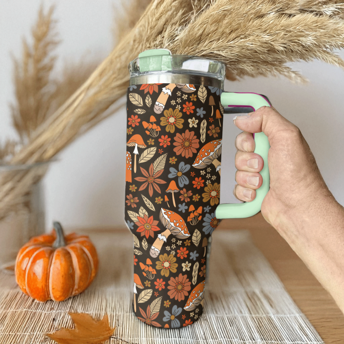 Boho Mushroom Bliss Custom Stanley Quencher 40Oz Stainless Steel Tumbler With Handle - Image 3