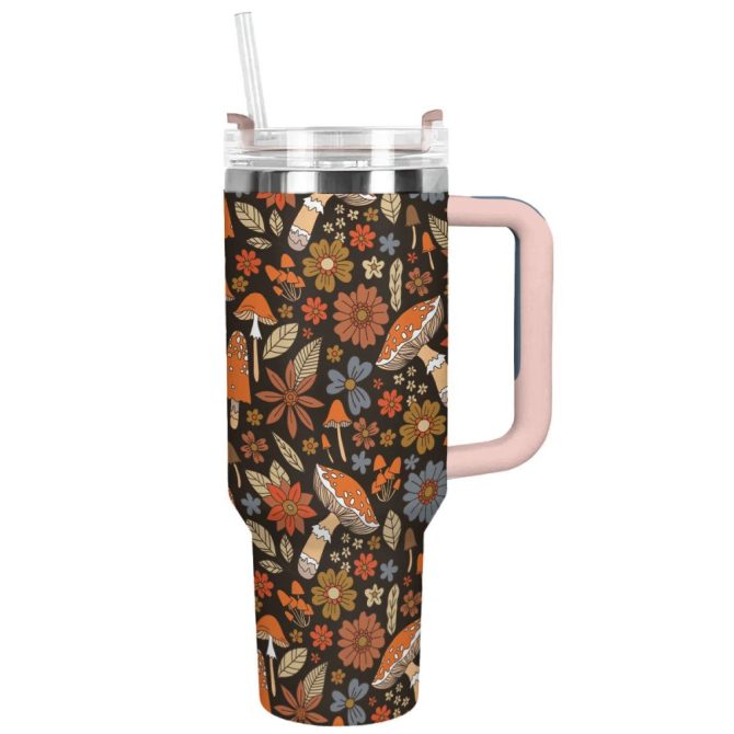 Boho Mushroom Bliss Custom Stanley Quencher 40Oz Stainless Steel Tumbler With Handle