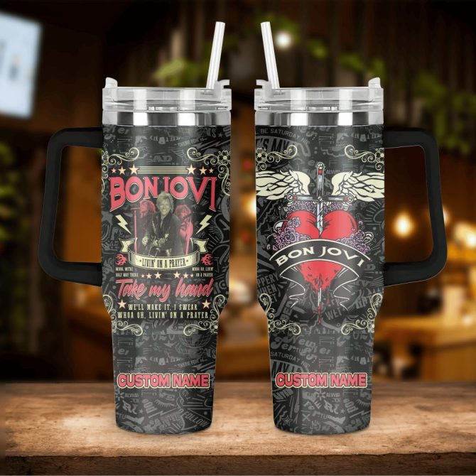 Bon Jovi Music Custom Stanley Quencher 40Oz Stainless Steel Tumbler With Handle - Image 3