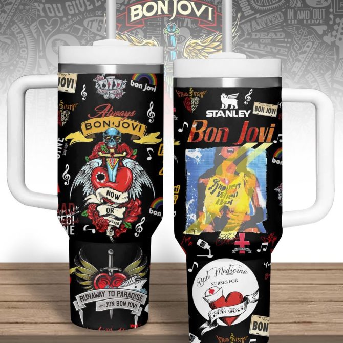 Bon Jovi Music Custom Stanley Quencher 40Oz Stainless Steel Tumbler With Handle