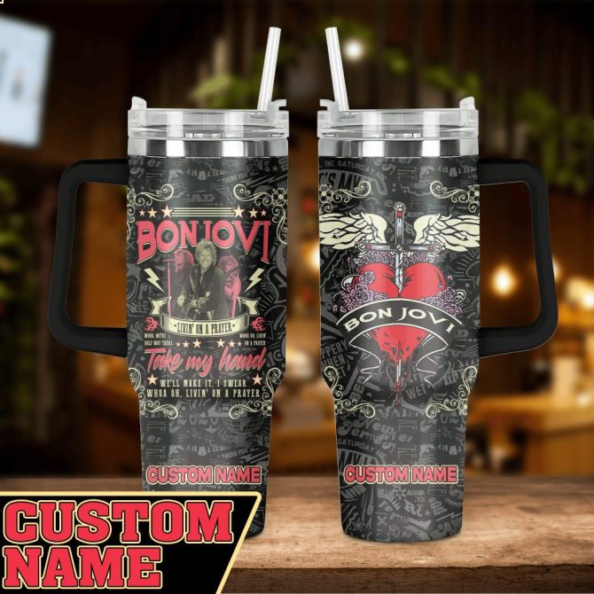 Bon Jovi Music Custom Stanley Quencher 40Oz Stainless Steel Tumbler With Handle