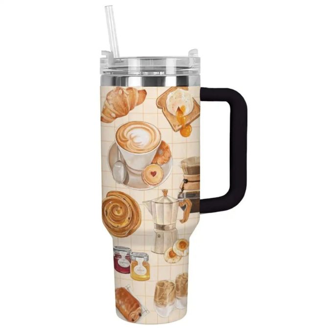 Breakfast Coffee Custom Stanley Quencher 40Oz Stainless Steel Tumbler With Handle