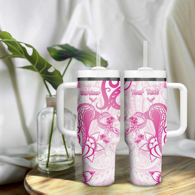 Breast Cancer Awareness Ribbon Polynesian White Custom Stanley Quencher 40Oz Stainless Steel Tumbler With Handle - Image 9