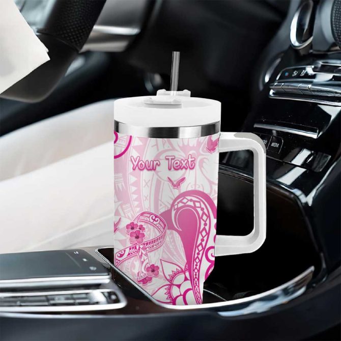 Breast Cancer Awareness Ribbon Polynesian White Custom Stanley Quencher 40Oz Stainless Steel Tumbler With Handle - Image 8