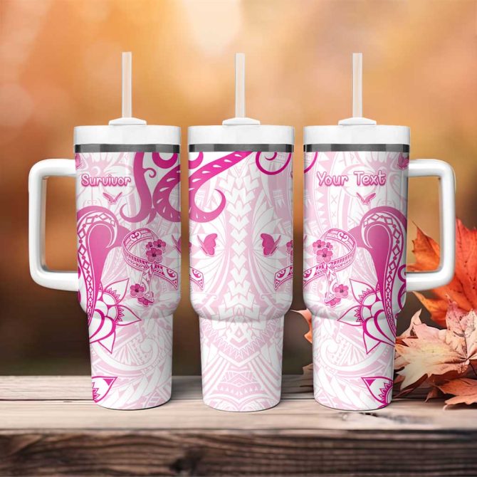 Breast Cancer Awareness Ribbon Polynesian White Custom Stanley Quencher 40Oz Stainless Steel Tumbler With Handle - Image 4