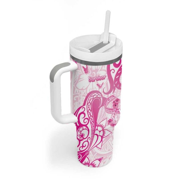Breast Cancer Awareness Ribbon Polynesian White Custom Stanley Quencher 40Oz Stainless Steel Tumbler With Handle - Image 2