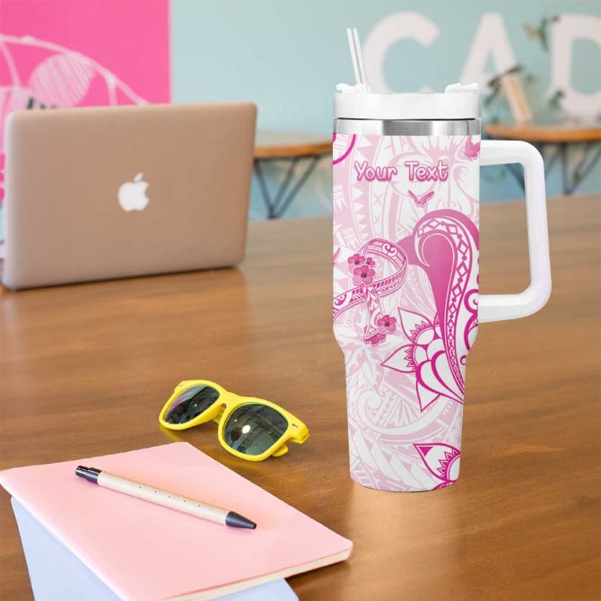 Breast Cancer Awareness Ribbon Polynesian White Custom Stanley Quencher 40Oz Stainless Steel Tumbler With Handle - Image 5