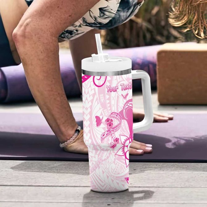 Breast Cancer Awareness Ribbon Polynesian White Custom Stanley Quencher 40Oz Stainless Steel Tumbler With Handle - Image 6