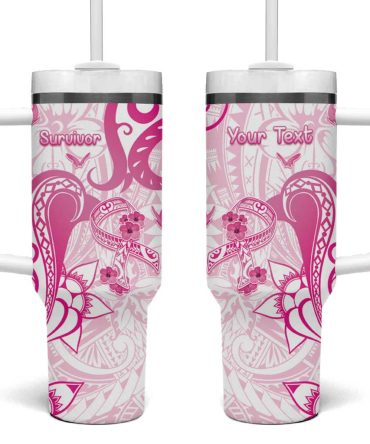 Breast Cancer Awareness Ribbon Polynesian White Custom Stanley Quencher 40Oz Stainless Steel Tumbler With Handle