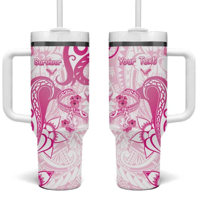 Breast Cancer Awareness Ribbon Polynesian White Custom Stanley Quencher 40Oz Stainless Steel Tumbler With Handle