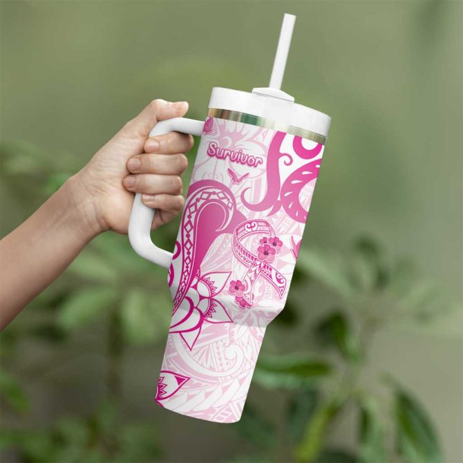 Breast Cancer Awareness Ribbon Polynesian White Custom Stanley Quencher 40Oz Stainless Steel Tumbler With Handle - Image 3
