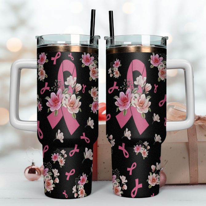 Breast Cancer Custom Stanley Quencher 40Oz Stainless Steel Tumbler With Handle - Image 4