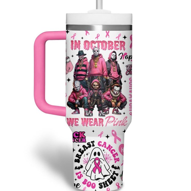 Breast Cancer Horror Movies Custom Stanley Quencher 40Oz Stainless Steel Tumbler With Handle - Image 2