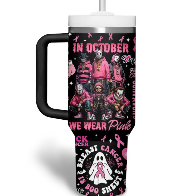 Breast Cancer Horror Movies Custom Stanley Quencher 40Oz Stainless Steel Tumbler With Handle - Image 2