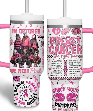 Breast Cancer Horror Movies Custom Stanley Quencher 40Oz Stainless Steel Tumbler With Handle