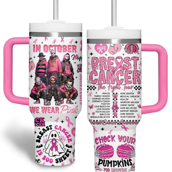 Breast Cancer Horror Movies Custom Stanley Quencher 40Oz Stainless Steel Tumbler With Handle
